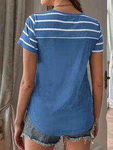 SHEIN LUNE Camiseta de rayas con bolsillo delantero - Neblina azul - Ver 2