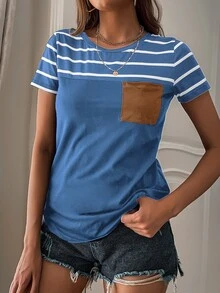 SHEIN LUNE Camiseta de rayas con bolsillo delantero - Neblina azul - Ver 3