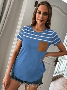 SHEIN LUNE Camiseta de rayas con bolsillo delantero - Neblina azul - Ver 4