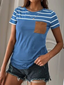 SHEIN LUNE Camiseta de rayas con bolsillo delantero - Neblina azul - Ver 5