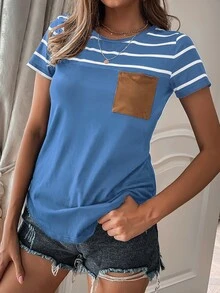 SHEIN LUNE Camiseta de rayas con bolsillo delantero - Neblina azul - Ver 6