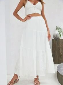 Breezaya High Waist Lettuce Trim Ruffle Hem Skirt Maxi Vacation Beach Outfits Women Fall Cloth For Women - White - View 4