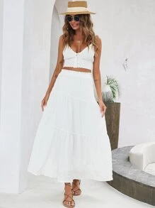 Breezaya High Waist Lettuce Trim Ruffle Hem Skirt Maxi Vacation Beach Outfits Women Fall Cloth For Women - White - View 5
