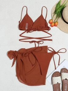 3packs Solid Tie Design Bikini Set & Beach Skirt, For Summer Vacation - Rust Brown - View 3