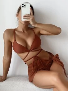 3packs Solid Tie Design Bikini Set & Beach Skirt, For Summer Vacation - Rust Brown - View 4