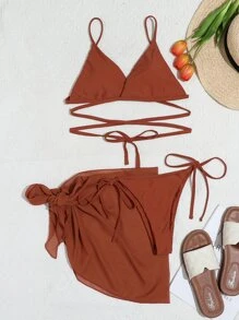 3packs Solid Tie Design Bikini Set & Beach Skirt, For Summer Vacation - Rust Brown - View 5
