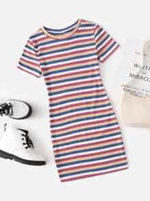 SHEIN Girls Slit Hem Colourful Striped Rib-knit Dress - Multicolor - View 1