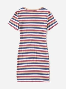SHEIN Girls Slit Hem Colourful Striped Rib-knit Dress - Multicolor - View 2