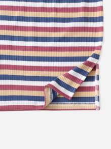 SHEIN Girls Slit Hem Colourful Striped Rib-knit Dress - Multicolor - View 3