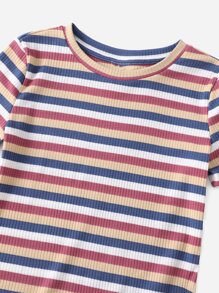 SHEIN Girls Slit Hem Colourful Striped Rib-knit Dress - Multicolor - View 4