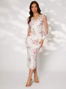 Modelyn Floral Print Ruched Split Hem Mesh Overlay Bodycon Dress - Multicolor - View 2