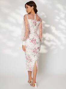Modelyn Floral Print Ruched Split Hem Mesh Overlay Bodycon Dress - Multicolor - View 3