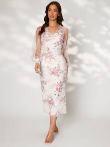 Modelyn Floral Print Ruched Split Hem Mesh Overlay Bodycon Dress - Multicolor - View 4
