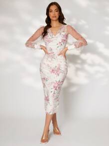 Modelyn Floral Print Ruched Split Hem Mesh Overlay Bodycon Dress - Multicolor - View 1