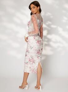 Modelyn Floral Print Ruched Split Hem Mesh Overlay Bodycon Dress - Multicolor - View 6