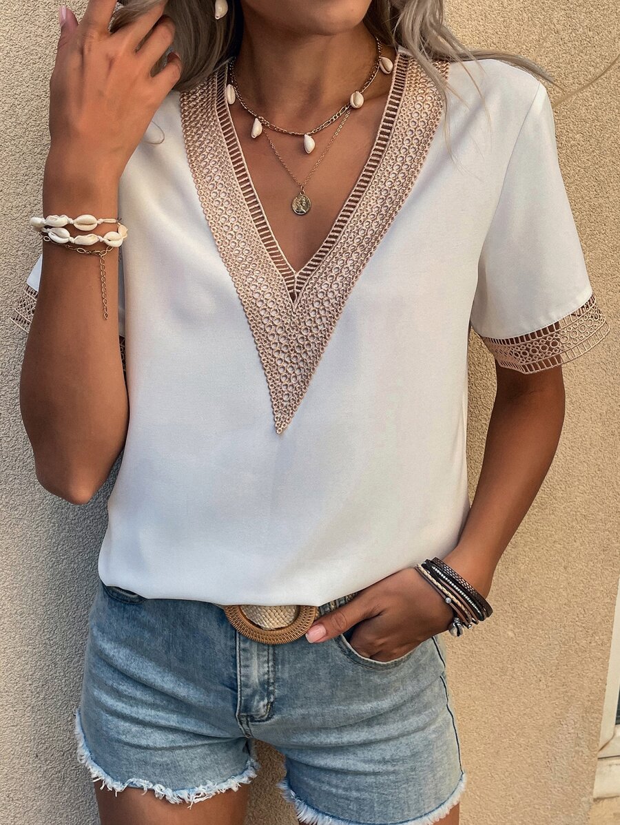 SHEIN LUNE Contrast Guipure Lace Blouse - White - View 1