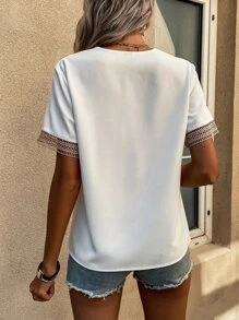 SHEIN LUNE Contrast Guipure Lace Blouse - White - View 2