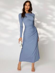 Modelyn Solid Ruched Side Asymmetrical &Bodycon &Blue Dress With Sleeves Long Evening Dresses