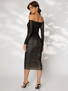 Modelyn Ruched Tie Front Lace Up Off Shoulder Lace Bodycon Dress - Black - View 2