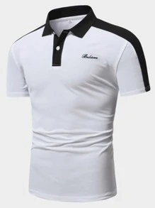 Manfinity Men Letter Embroidery Contrast Side Seam Polo Shirt - White - View 1