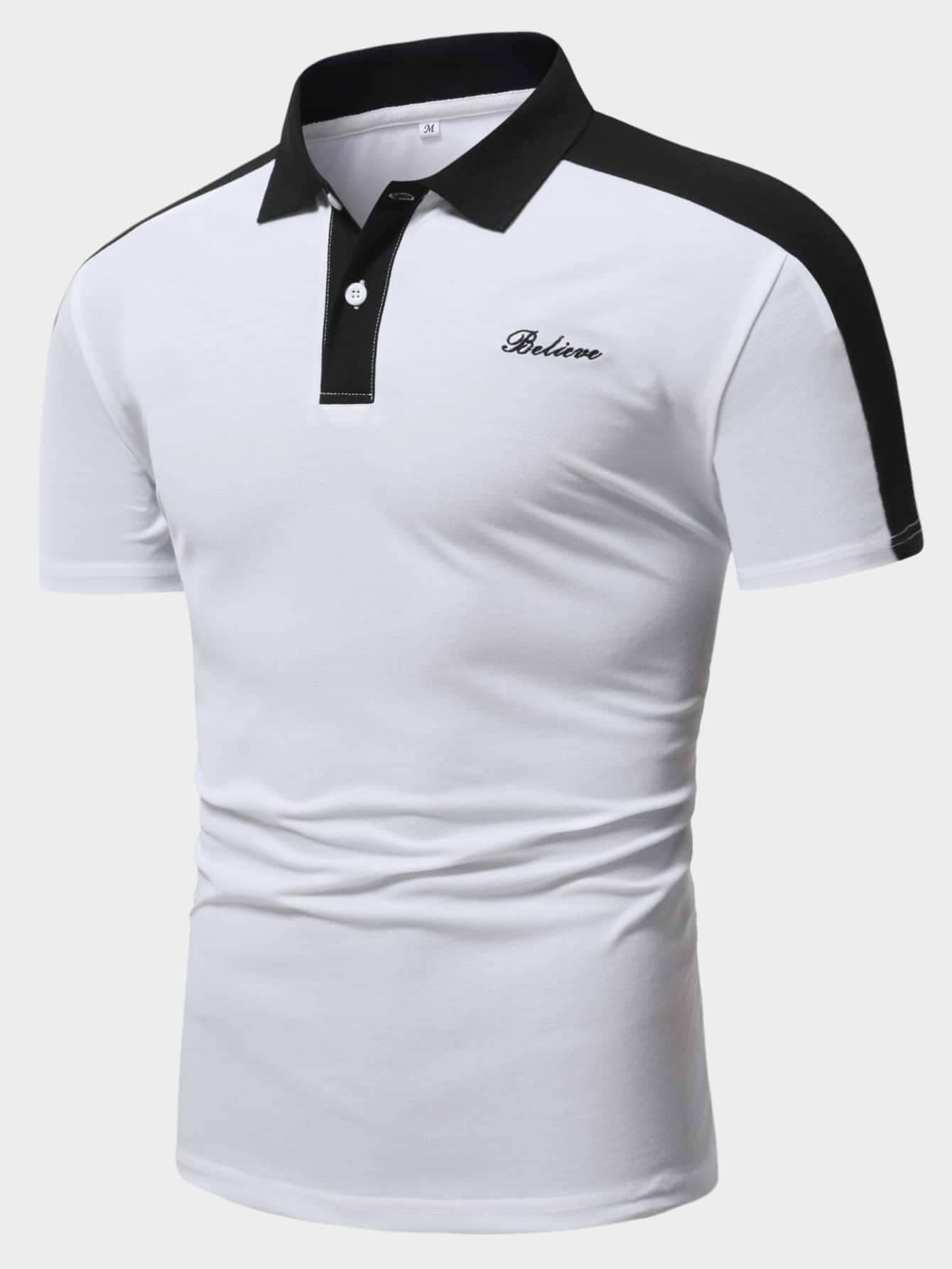Manfinity Men Letter Embroidery Contrast Side Seam Polo Shirt - White - View 1