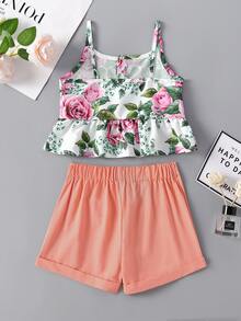 Bộ thời trang bé gái Viên lá sen Nút phía trước Hoa Dễ thương - Nhiều màu - Xem 2