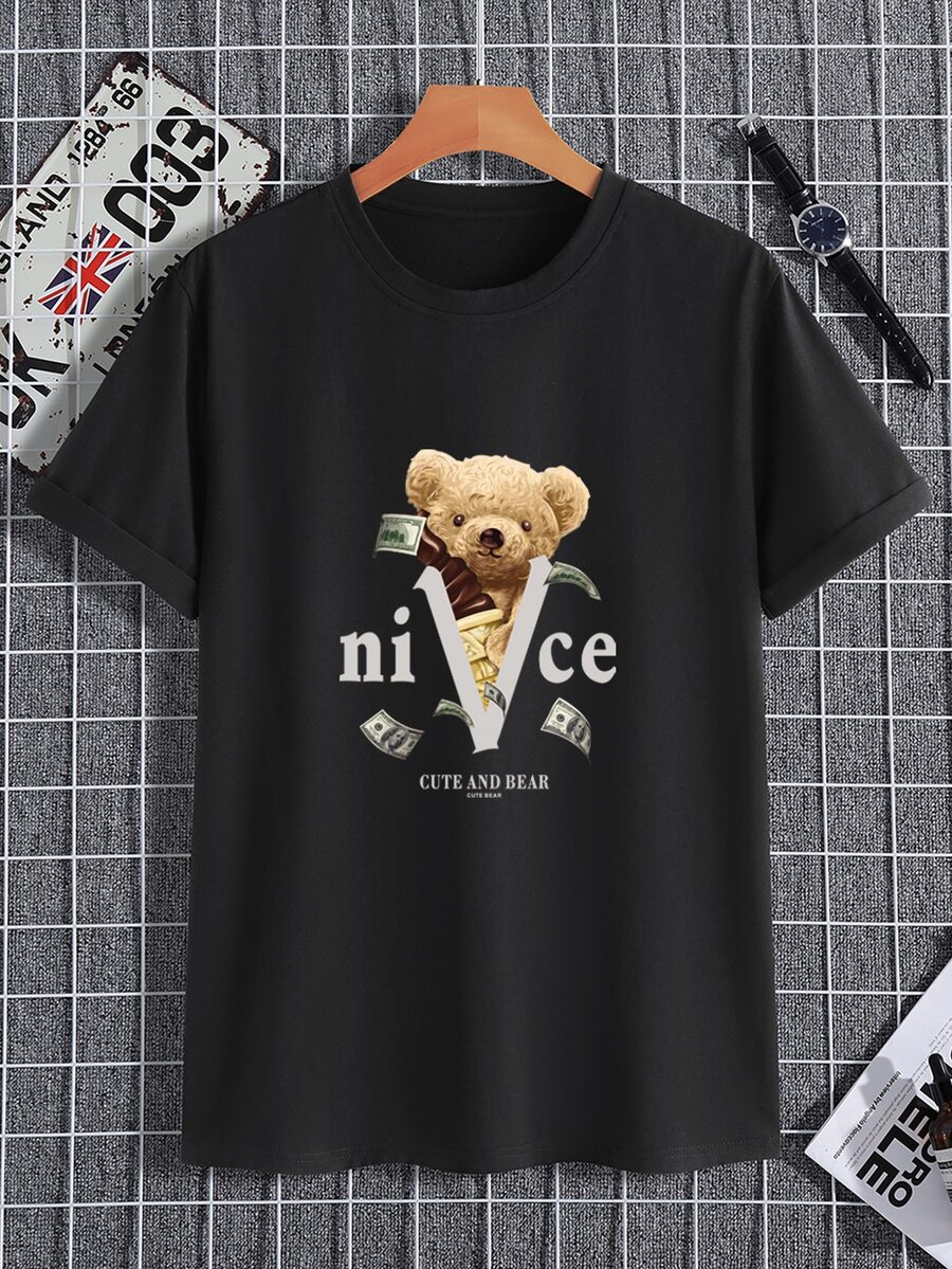 Manfinity Tops Nam Hoạt hình Lá thư Giải trí - màu đen - Xem 1