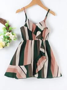 SHEIN Toddler Girls Block Striped Ruffle Trim Wrap Hem Cami Dress - Multicolor - View 1