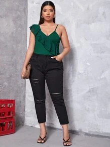 SHEIN Privé Plus Asymmetrical Neck Ruffle Trim Top - Dark Green - View 5