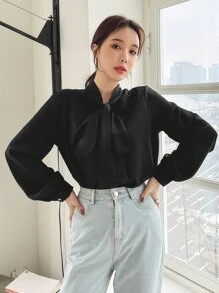 DAZY Tie Neck Button Front Blouse - Black - View 1