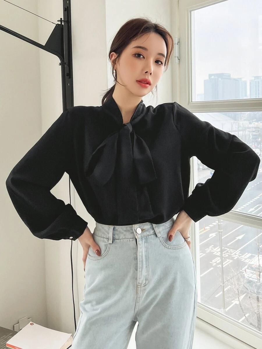 DAZY Tie Neck Button Front Blouse - Black - View 1