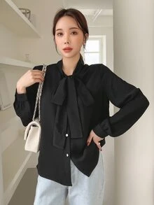 DAZY Tie Neck Button Front Blouse - Black - View 2