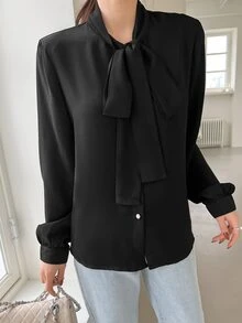 DAZY Tie Neck Button Front Blouse - Black - View 3