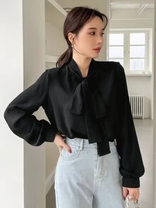 DAZY Tie Neck Button Front Blouse - Black - View 4