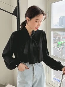 DAZY Tie Neck Button Front Blouse - Black - View 5