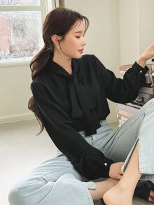 DAZY Tie Neck Button Front Blouse - Black - View 6