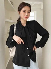 DAZY Tie Neck Button Front Blouse - Black - View 7