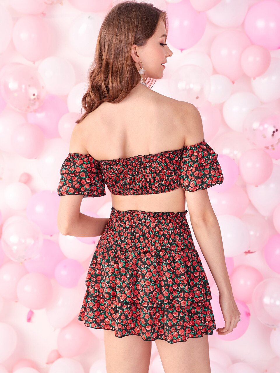 1set Ditsy Floral Tie Front Bardot Top & Shirred Waist Skirt Set