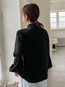 DAZY Tie Neck Button Front Blouse - Black - View 8