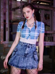 ROMWE Grunge Punk Kpop 1pc Plaid Button Front Crop Tee