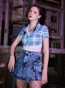 ROMWE Grunge Punk Kpop 1pc Plaid Button Front Crop Tee