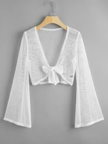 SHEIN Plus Size Tie Front Mesh Kimono Summer - White - View 1