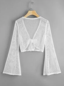 SHEIN Plus Size Tie Front Mesh Kimono Summer - White - View 2