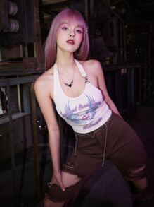 ROMWE Grunge Punk Top halter corto con letra ala con estampado de canalé - Albaricoque - Ver 1