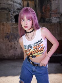 ROMWE Grunge Punk Kpop Letter Graphic Ribbed Crop Tank Top - White - View 3