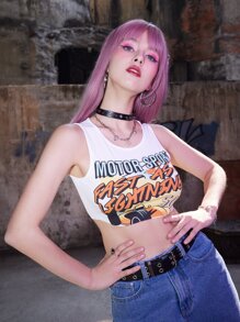 ROMWE Grunge Punk Kpop Letter Graphic Ribbed Crop Tank Top - White - View 4