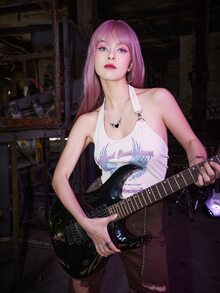 ROMWE Grunge Punk Top halter corto con letra ala con estampado de canalé - Albaricoque - Ver 3