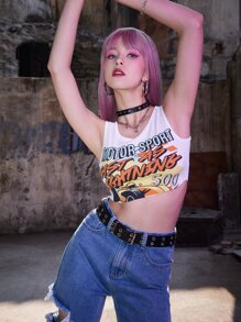 ROMWE Grunge Punk Kpop Letter Graphic Ribbed Crop Tank Top - White - View 5