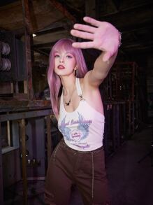 ROMWE Grunge Punk Top halter corto con letra ala con estampado de canalé - Albaricoque - Ver 4