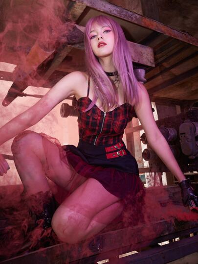 Grunge Punk K-Pop Karomuster Reißverschluss Shirred Crop Cami, Schuluniform